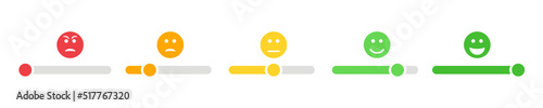 Feedback from consumer. Rating smiley. Emoticon face from angry to happy. Vote scale vector icons set. Level satisfaction. Rank or rating.