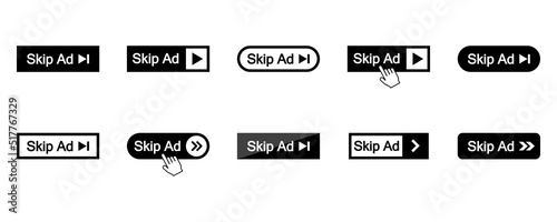 Set of skip ad advertisement buttons. Black icons with skip ad advertising. Click on button. Vector 10 EPS. photo