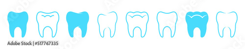 Set of tooth vector icons. Blue teeth icons. Dentistry symbol. Dental design. Healthy and clean tooth.