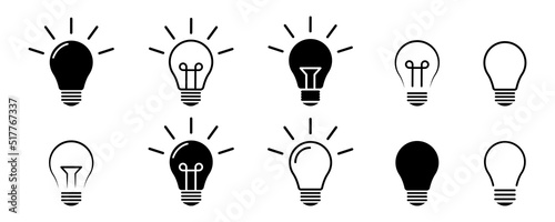 Set of light bulb vector icons. Black icons lamps or bulb and rays. Lightbulb. Symbol for idea and science.  photo
