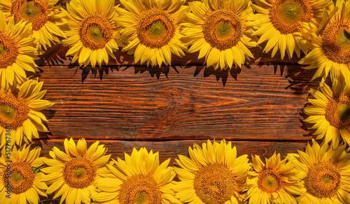 Fototapeta Naklejka Na Ścianę i Meble -  Bright sunflower flowers on an old wooden table. View from above.