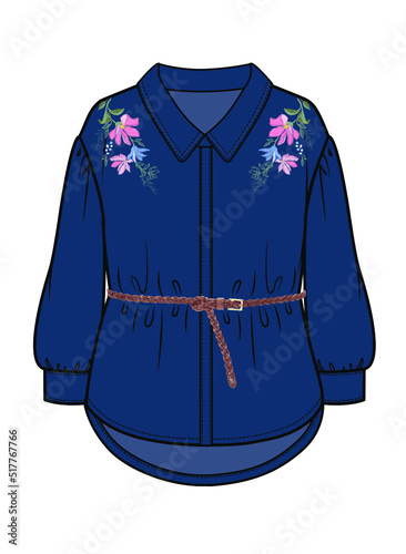 DROP SHOLDER EMBROIDERED DENIM TUNIC FOR KID GIRLS AND TEEN  GIRLS IN EDITABLE VECTOR FILE