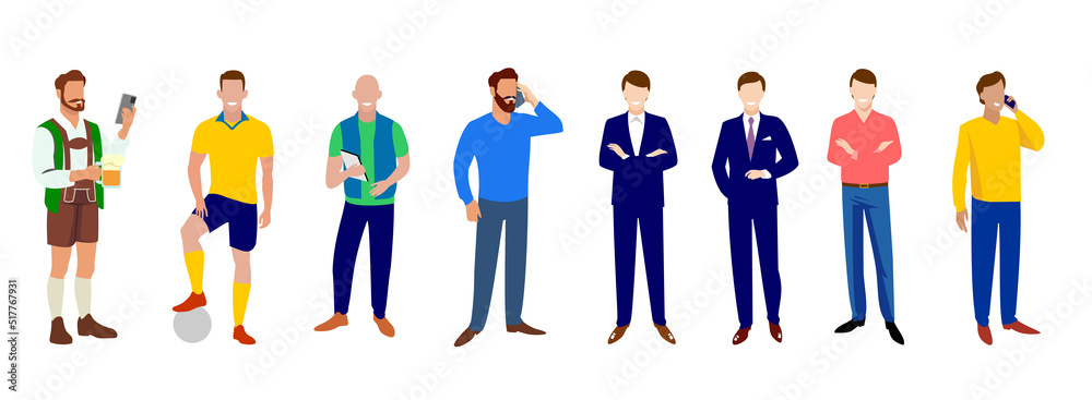 Men's world, set of men images, illustrations in different actions and occupations, drinking beer, call on the phone, smiling businessman. Vector illustration on white.
