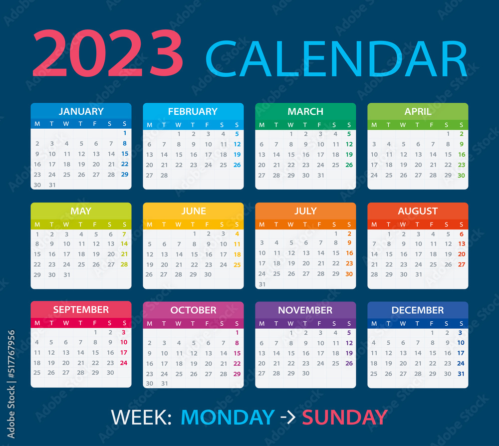 Template vector of color 2023 calendar - Monday to Sunday - obrazy, fototapety, plakaty 