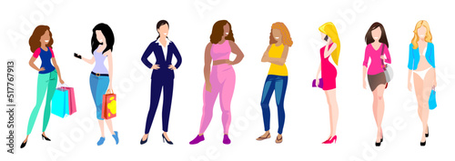 Girl's world, set of women and girls illustrations in different actions and occupations, sports, call on the phone, smiling, walking, shopping, business woman. Vector illustration on white.
