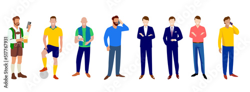 Men's world, set of men images, illustrations in different actions and occupations, drinking beer, call on the phone, smiling businessman. Vector illustration on white.