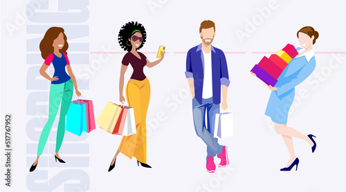 Happy young girls and boys on shopping, vector illustration.