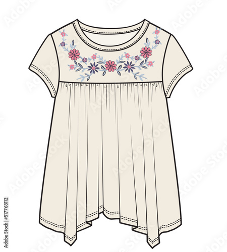 KNIT TOP WITH HANDKERCHIEF HEMLINE AND EMBROIDERY DETAIL
