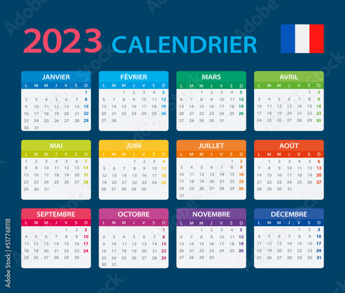 Template vector of color 2023 calendar - French version