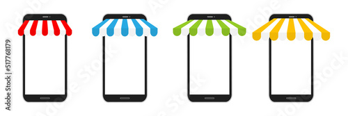 Smartphone mockup with colorful store awning set. Shop stripe roof for market on mobile phone collection. Vector illustration isolated on white.