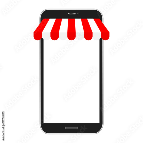 Smartphone mockup with store awning. Shop red stripe roof for market on mobile phone. Vector illustration isolated on white.