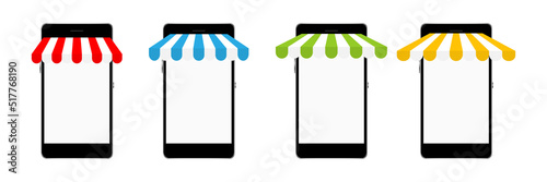 Smartphone mockup with colorful store awning set. Shop stripe roof for market on mobile phone collection. Vector illustration isolated on white.