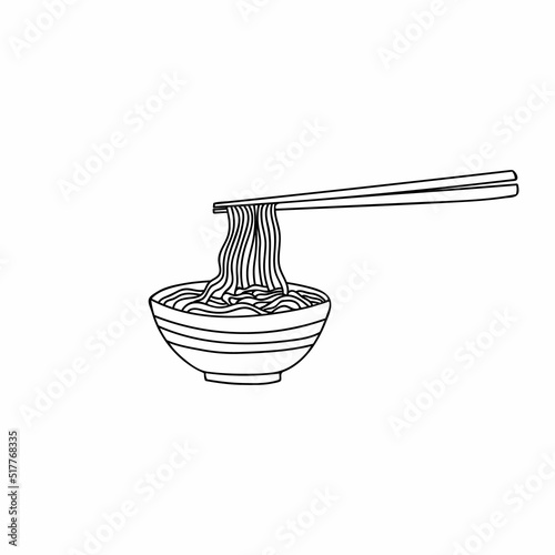 Hand drawn noodle soup illustration. Chinese food doodle illustration in vector. Japanese food doodle illustration in vector. Noodle soup with chopsticks doodle illustration. 