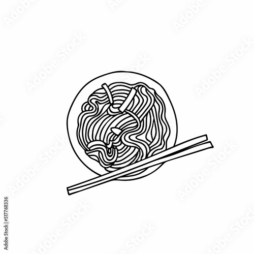 Chinese food doodle illustration in vector. Japanese food doodle illustration in vector. Vermicelli in on plate with chopsticks doodle illustration. Hand drawn chinese food illustration