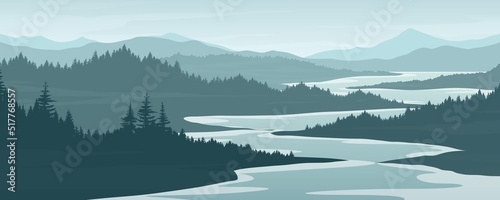 landscape of mountains and pine forests mountain and river mountain vector image Templates for designing presentations and posters.