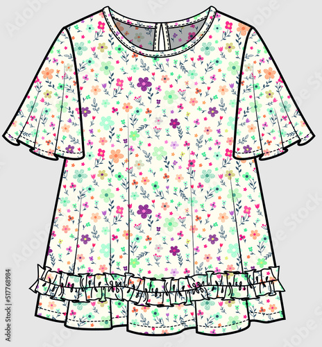 FLARED SLEEVES WITH FRILLED DETAIL WOVEN TOP FOR TEEN GIRLS AND KID GIRLS IN EDITABLE VECTOR FILE