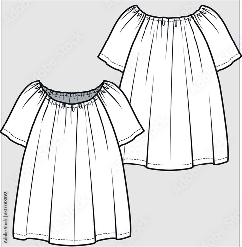FRONT AND BACK TECHNICAL SKETCH OF WOVEN TOP FOR TEEN GIRLS AND KID GIRLS EDITABLE VECTOR FILE