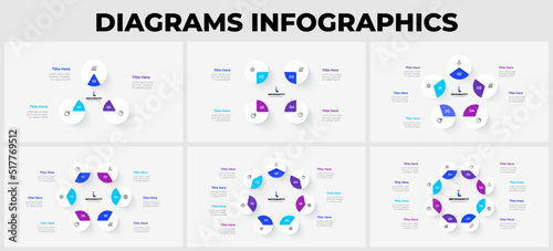 Set of the cycle infographic diagrams. Geometric elements with 3, 4, 5, 6, 7 and 8 options.
