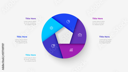 Circle divided into five parts. Template for cycle business presentation. Vector infographic design illustration with 5 options.