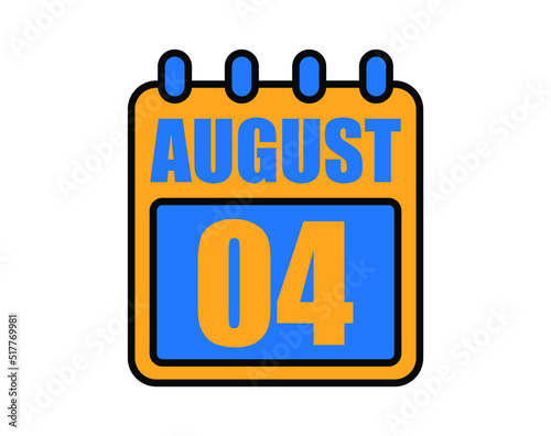 4 August calendar. August calendar icon in blue and orange. Vector Calendar Page Isolated on White Background.
