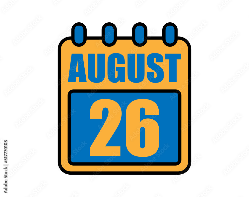 26 August calendar. August calendar icon in blue and orange. Vector Calendar Page Isolated on White Background. 26 August calendar. August calendar icon in blue and orange. Vector Calendar Page Isolated on White Background.