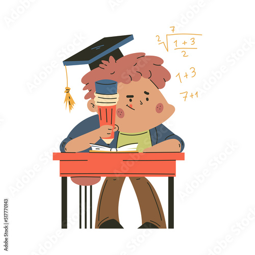 Schoolboy at the desk with pencil vector cartoon character isolated on a white background.