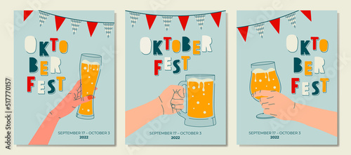 Hands holding glass of beer. Set of banners design templates for Oktoberfest. Colorful templates for poster, banner, magazine first page, leaflet, business flyer. Promotion concept cards.