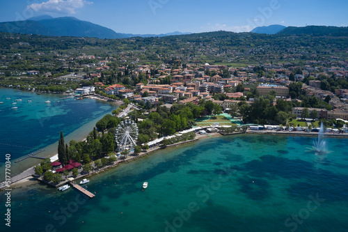 Panorama, aerial view of the fountain in the town of Bardolino on Lake Garda. The famous Bardolino resort on Lake Garda, Italy.
