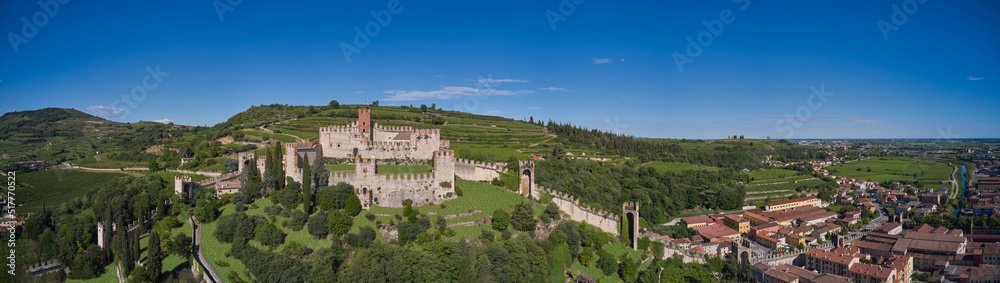 Famous historical Soave Castle, Italy. Panorama, Aerial view of Soave Castle.