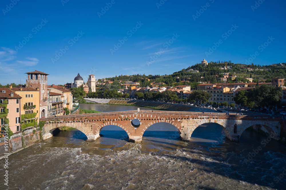 Famous historic Ponte Pietra bridge in Verona, Italy. Aerial view of the Ponte Pietra bridge.