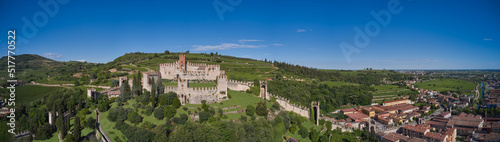 Famous historical Soave Castle  Italy. Panorama  Aerial view of Soave Castle.