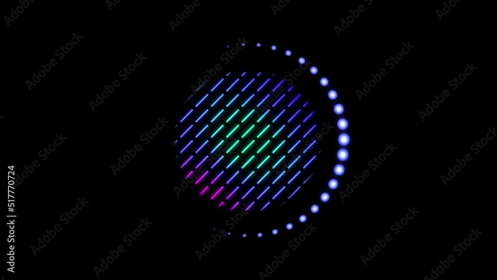 Animation of circle of colourful stripes and ring of glowing blue dots moving on black background Animation of circle of colourful stripes and ring of glowing blue dots moving on black background