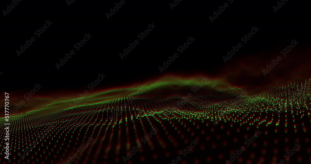 Animation of undulating green and red 3d particle landscape on black background
