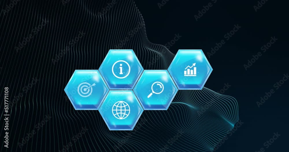 Animation of education and learning icons on blue hexagons over mesh on black background