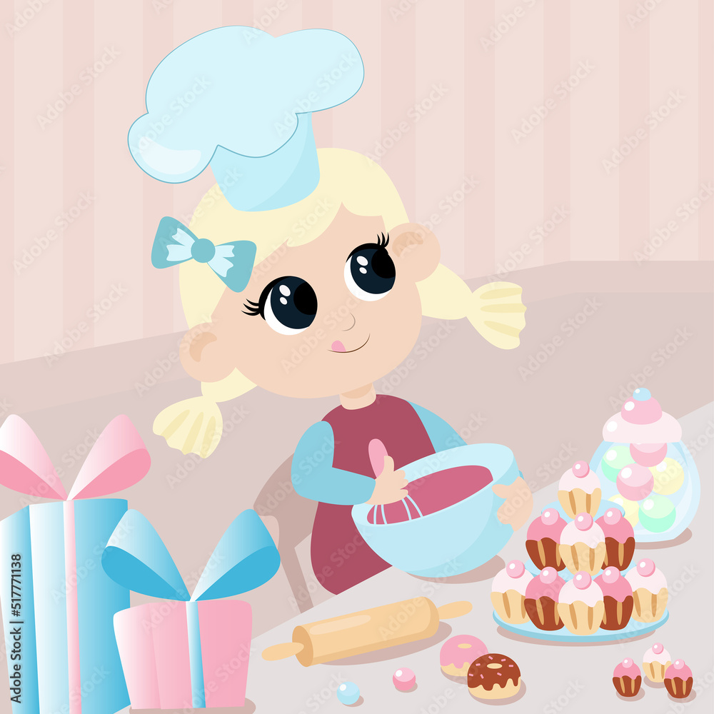 A girl in a chef's hat whisks icing inside the room. On the table are cupcakes and muffins, sweets in a jar, a rolling pin for dough. The child cooks in cartoon style. A girl in a chef's hat whisks icing inside the room. On the table are cupcakes and muffins, sweets in a jar, a rolling pin for dough. The child cooks in cartoon style.