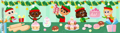 Cute elves prepare sweets before the holiday in the room or in the kitchen. In the foreground is a table and there are cupcakes and muffins, sweets in a jar, a rolling pin for dough, dough, a cake.