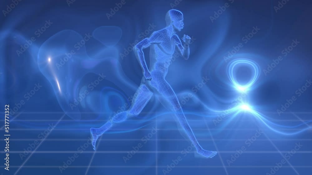 Animation of blue human body running over grid and light trails on blue background