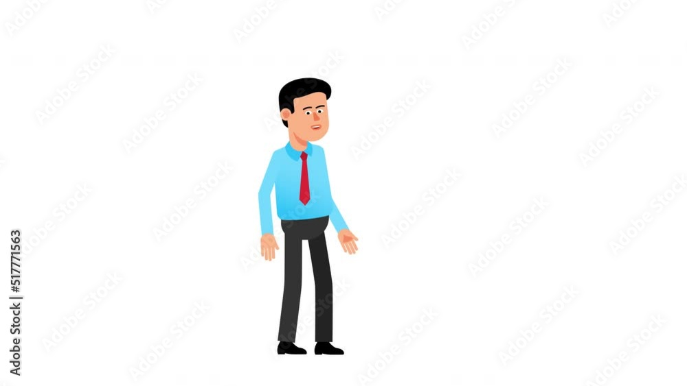 Talking man in blue shirt and tie explains by gesticulating. Businessman says something and demonstrates. Looped 2d animation.
