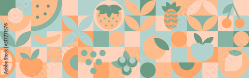 Fruits - geometric shapes, abstract minimalistic organic food banner with brutalistic shapes and simple circles and quads. Template for textiles or packaging.