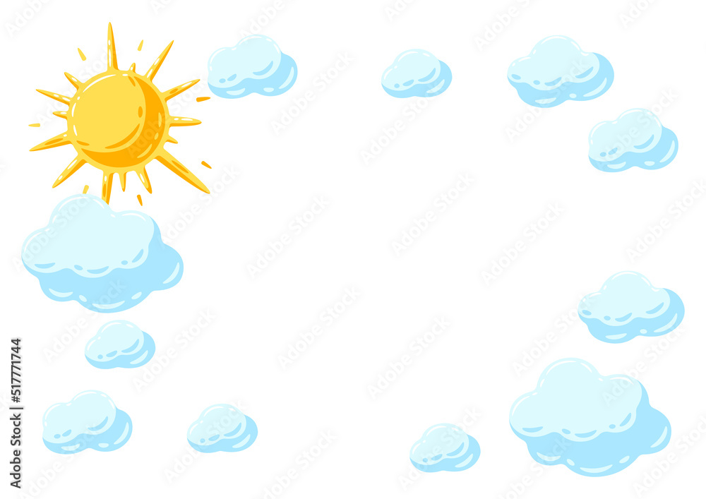 Frame with sun and clouds. Cartoon image of overcast sky. Frame with sun and clouds. Cartoon image of overcast sky.