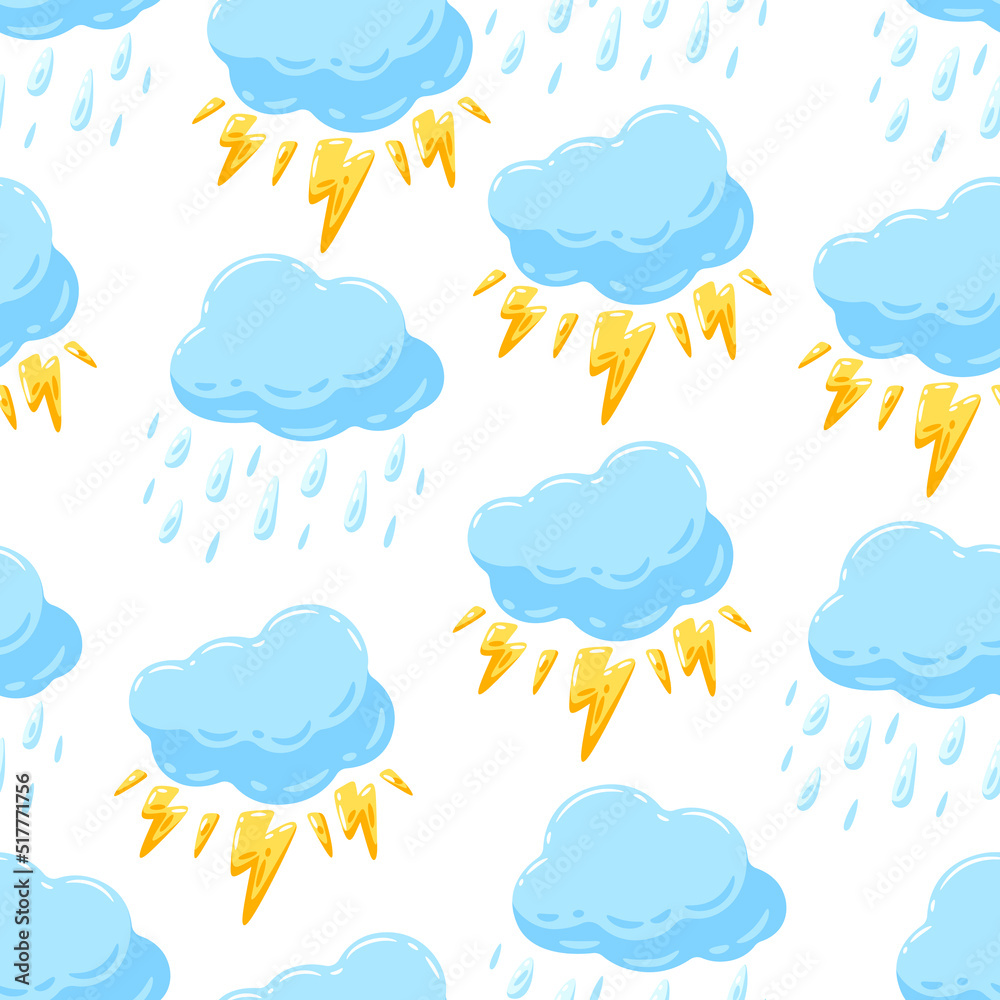 Seamless pattern with blue clouds, rain and lightning. Cartoon image of natural phenomenon.