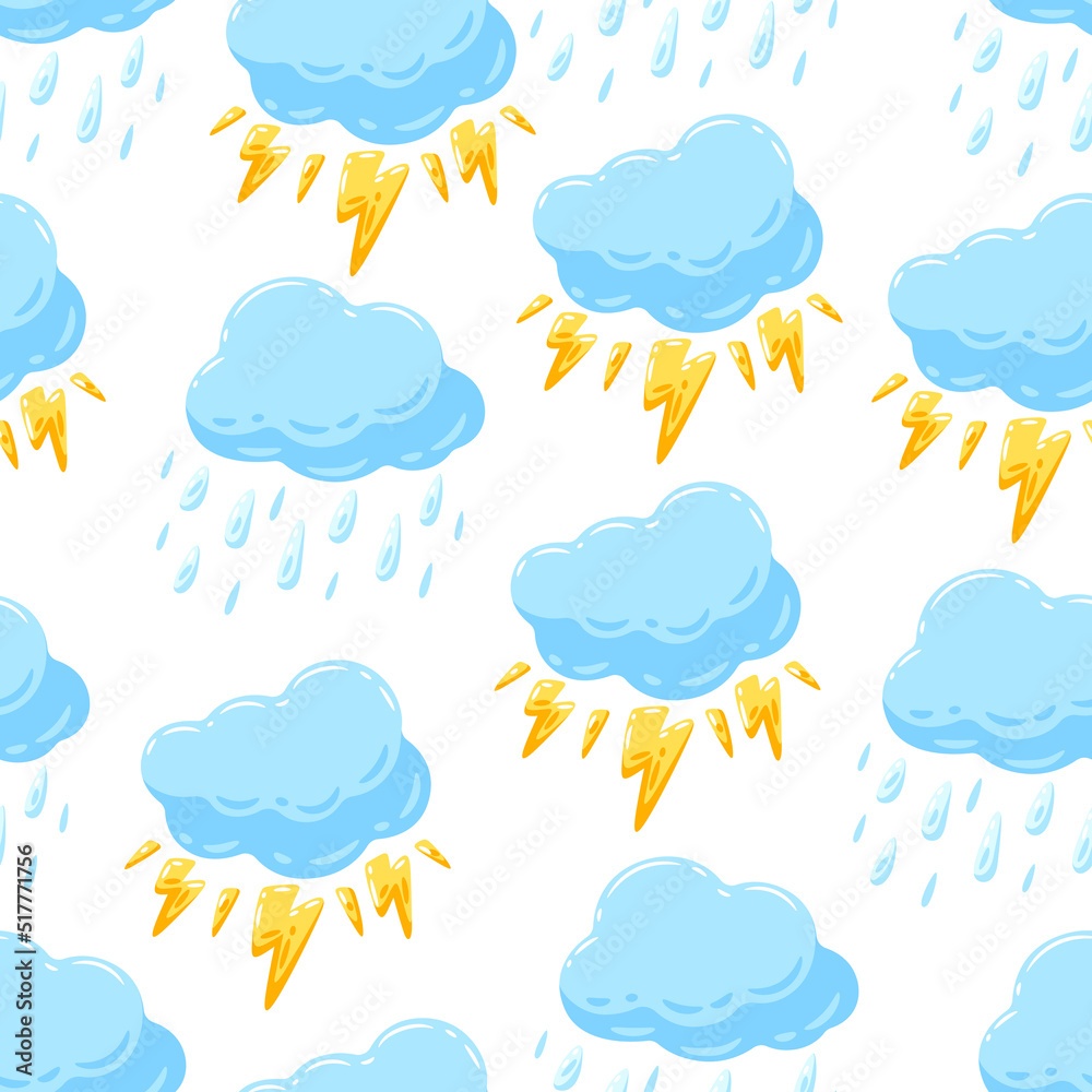 Seamless pattern with blue clouds, rain and lightning. Cartoon image of natural phenomenon. Seamless pattern with blue clouds, rain and lightning. Cartoon image of natural phenomenon.