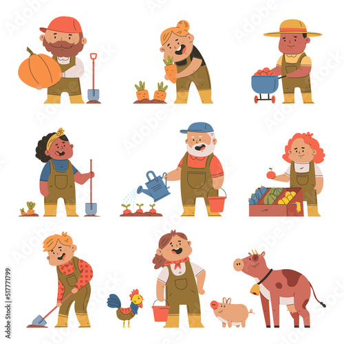 Farmers in action vector cartoon characters set isolated on a white background.