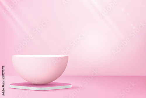 Sphere-shaped podium for product display on pastel pink background