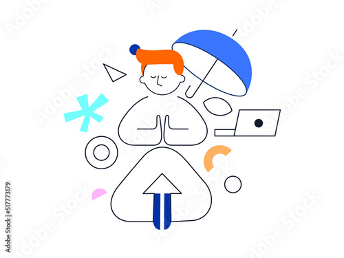 Young man sits with cross-legged on the floor and meditates with closed eyes. Boy makes morning yoga, relaxes at home or breathing exercises. Body positive and health care concept. Vector