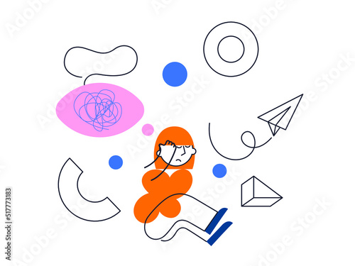 Sad girl sits on the floor with tangled thoughts. The unhappy child has confused thinking. The depressed adolescent has memory problems. Concept of mental disorder or illness. Vector illustration