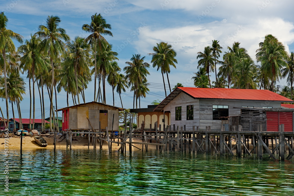 Malaysia. Coconut palms in the village of sea gypsies on numerous reef islands near the island of Borneo near the town of Semporna.