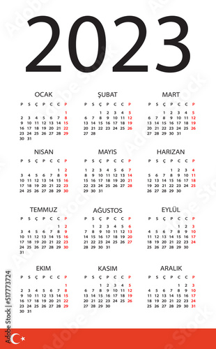 Vector template illustration of color 2023 calendar - Turkish version