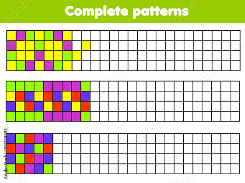 Complete geometric patterns. Educational game for children. Drawing activity for kids