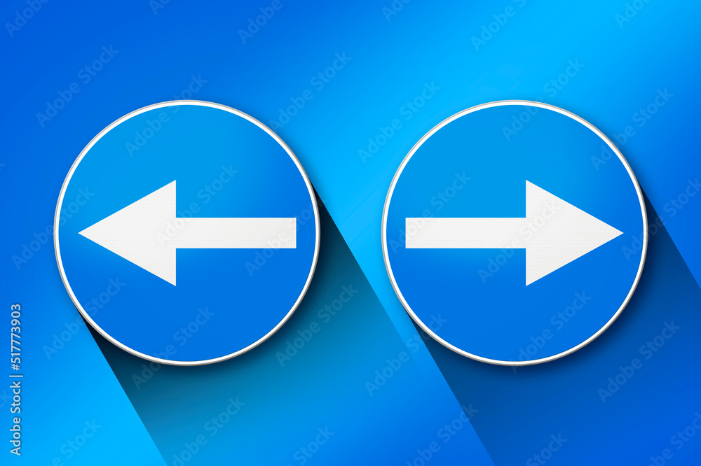 White arrows road sign indicating to go left and right against a blue background - choice, divergence, conflict, contrasts, different direction, alternative concept 3d illustration